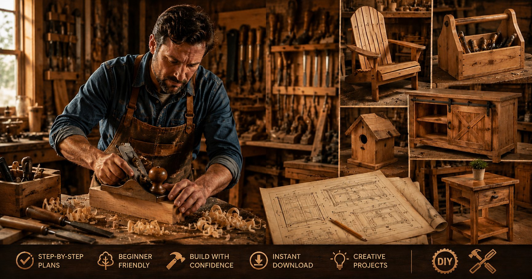 Woodworking workshop with finished projects and plans