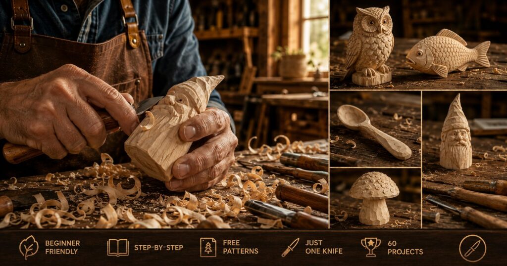 Beginner wood carving projects including a whittled gnome, owl, fish, spoon and mushroom