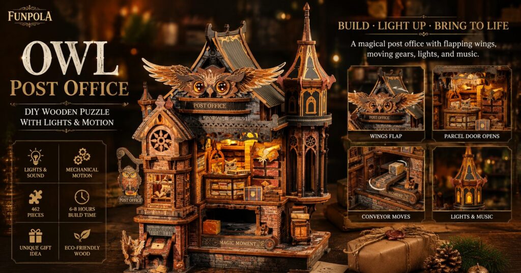 The FUNPOLA Owl Post Office 3D wooden puzzle kit, a lit-up owl post office model with a carved owl over the entrance