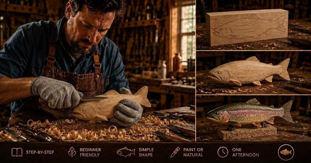 A woodworker carving a wooden fish, shown from a marked basswood block to a shaped fish to a finished painted trout
