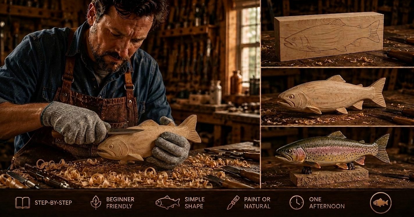 A woodworker carving a wooden fish, shown from a marked basswood block to a shaped fish to a finished painted trout