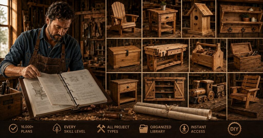 A large organized library of woodworking plans and finished DIY wood projects