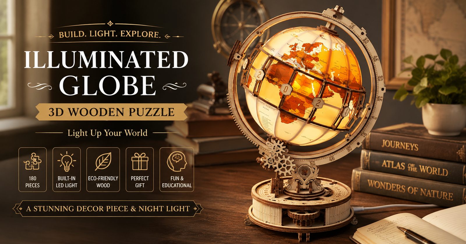 The ROKR Illuminated Globe 3D wooden puzzle, a glowing antique-style world globe on a wooden stand with a built-in LED night light