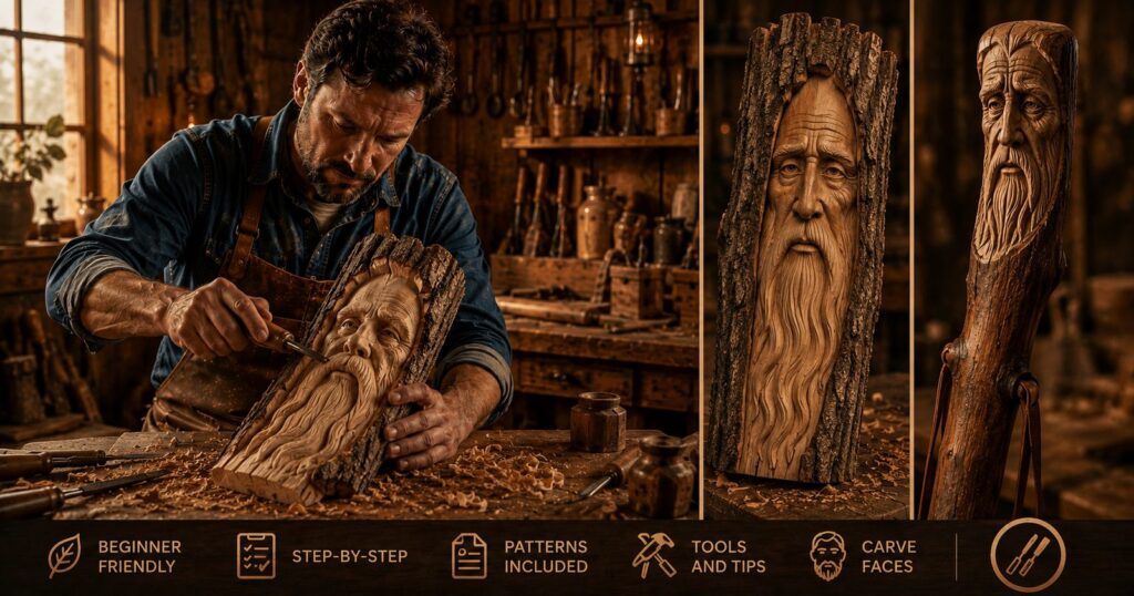A carved wood spirit face with deep-set eyes and a flowing beard in tree bark