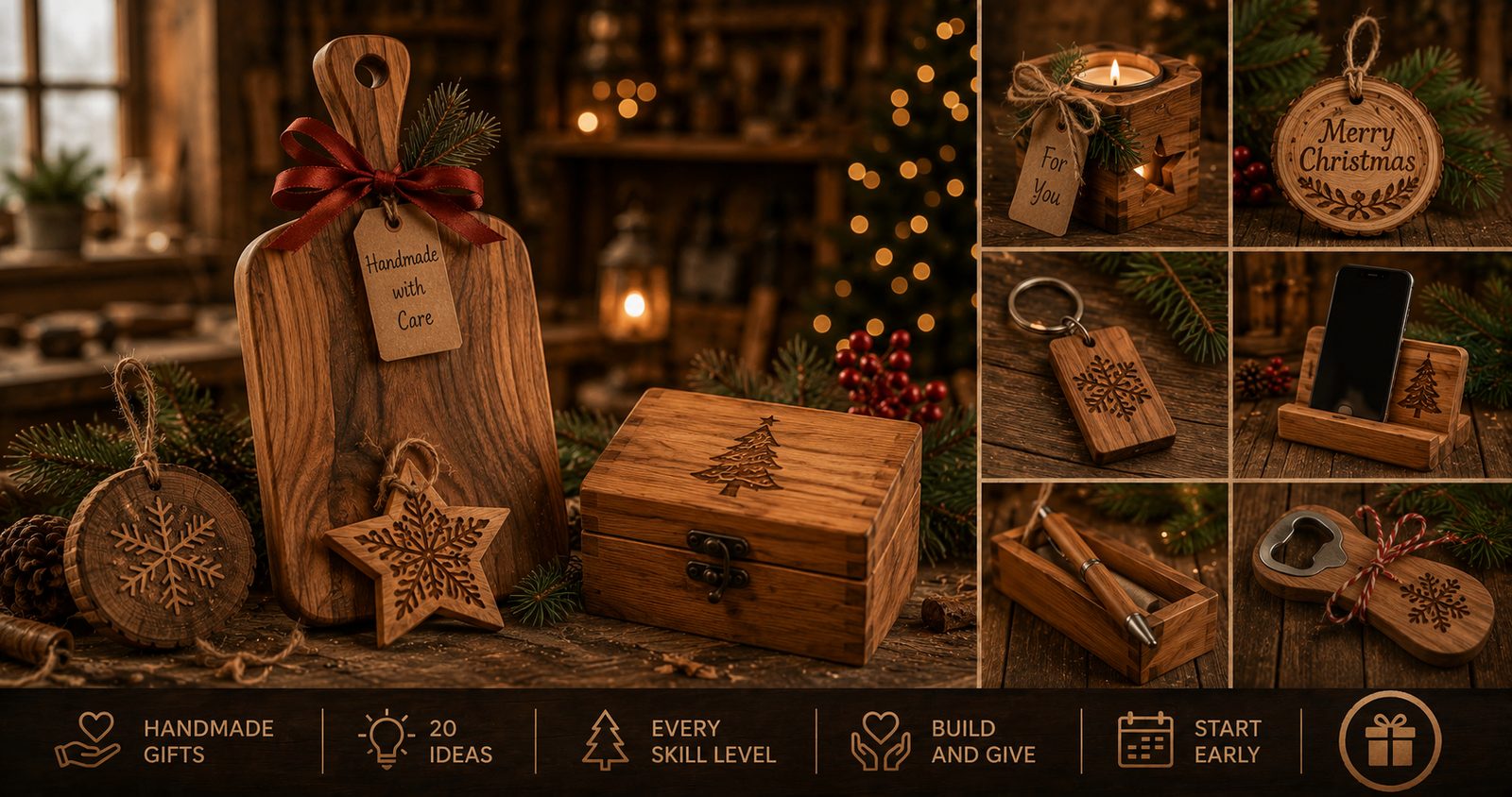 Handmade wooden Christmas gifts, ornaments and a cutting board with pine and twine