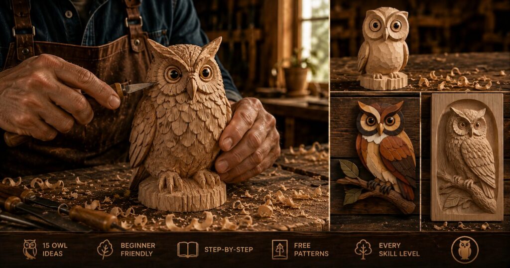 A hand-carved wooden owl with detailed layered feathers, plus other owl carving styles