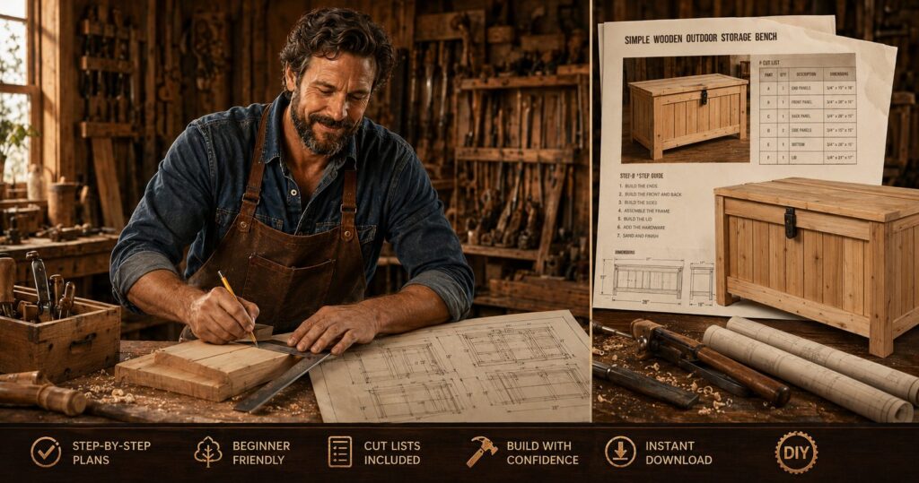 A woodworker drawing plans beside a simple outdoor storage bench plan with a cut list