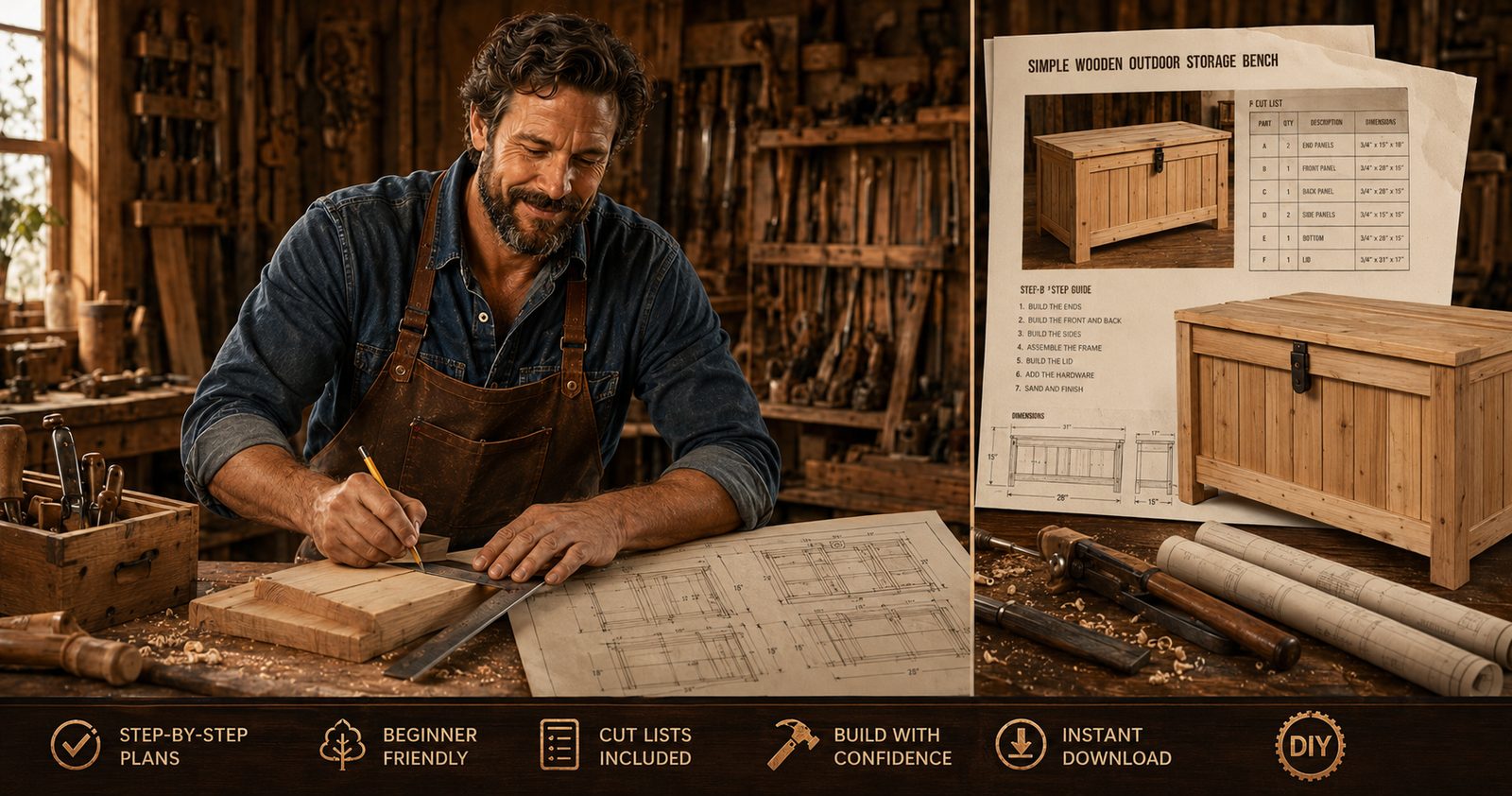 A woodworker drawing plans beside a simple outdoor storage bench plan with a cut list