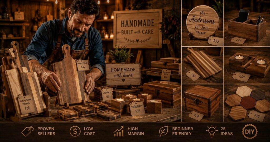 A rustic market display of handmade wooden products with price tags, including cutting boards