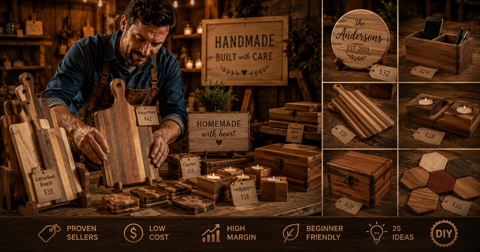 A rustic market display of handmade wooden products with price tags, including cutting boards