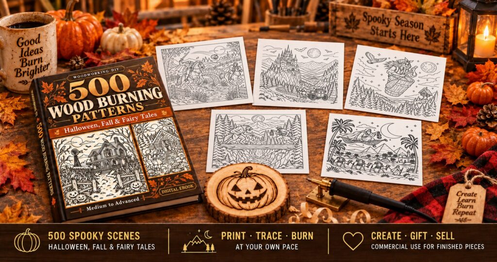 500 Wood Burning Patterns Halloween, Fall and Fairy Tales book on a workbench with five printed Halloween pyrography patterns, a pyrography pen, a burned jack-o'-lantern on a wood slice, and banners reading 500 spooky scenes, print trace burn, create gift sell