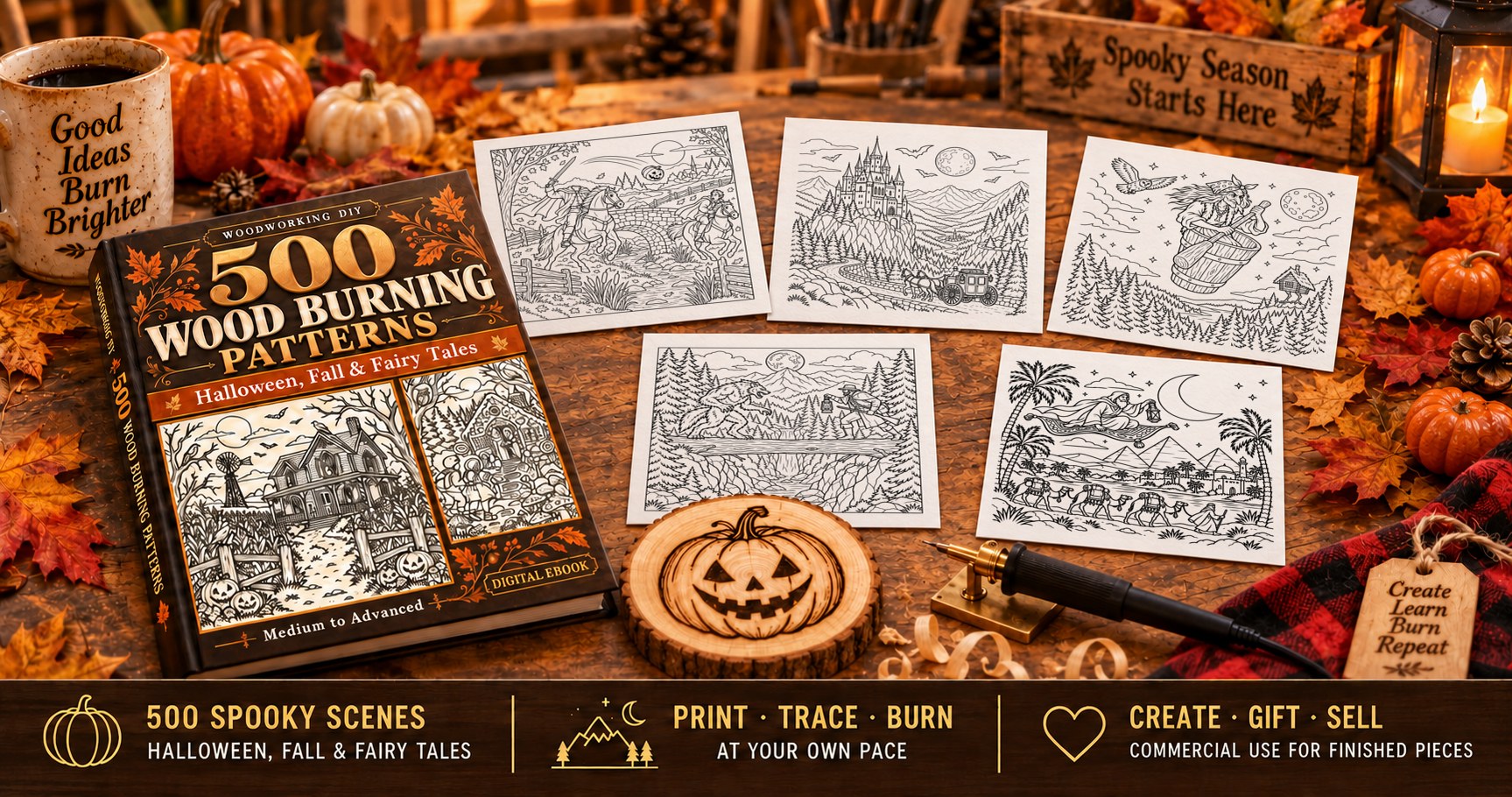 500 Wood Burning Patterns Halloween, Fall and Fairy Tales book on a workbench with five printed Halloween pyrography patterns, a pyrography pen, a burned jack-o'-lantern on a wood slice, and banners reading 500 spooky scenes, print trace burn, create gift sell