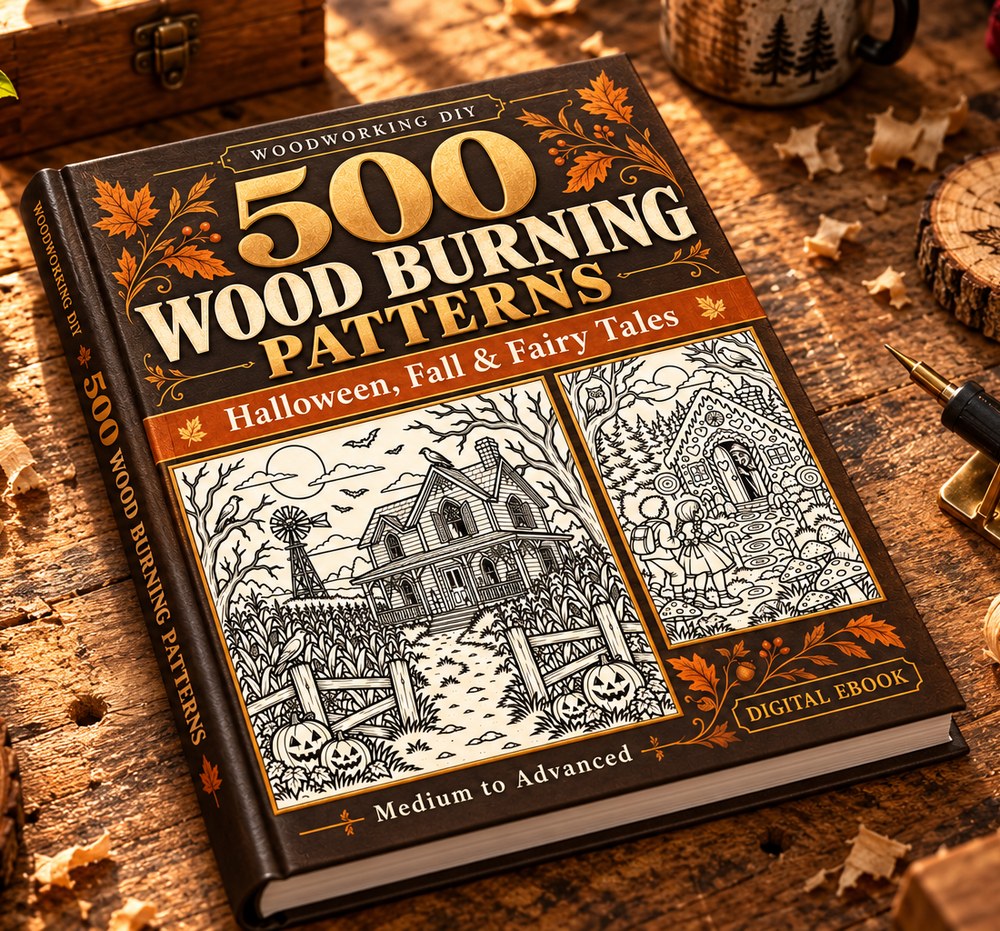500 Wood Burning Patterns Halloween, Fall and Fairy Tales book on a rustic workbench with wood shavings and a pyrography pen