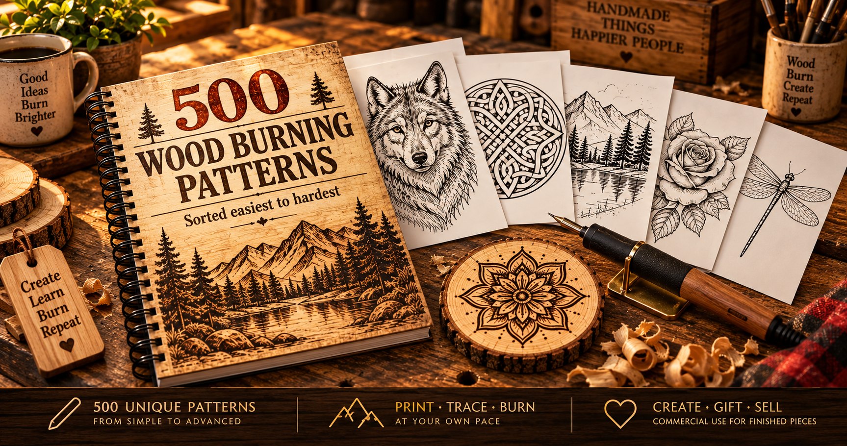 500 Wood Burning Patterns book on a workbench with five printed pyrography patterns fanned beside it, a pyrography pen, a burned mandala on a wood slice, and banners reading 500 unique patterns, print trace burn, create gift sell