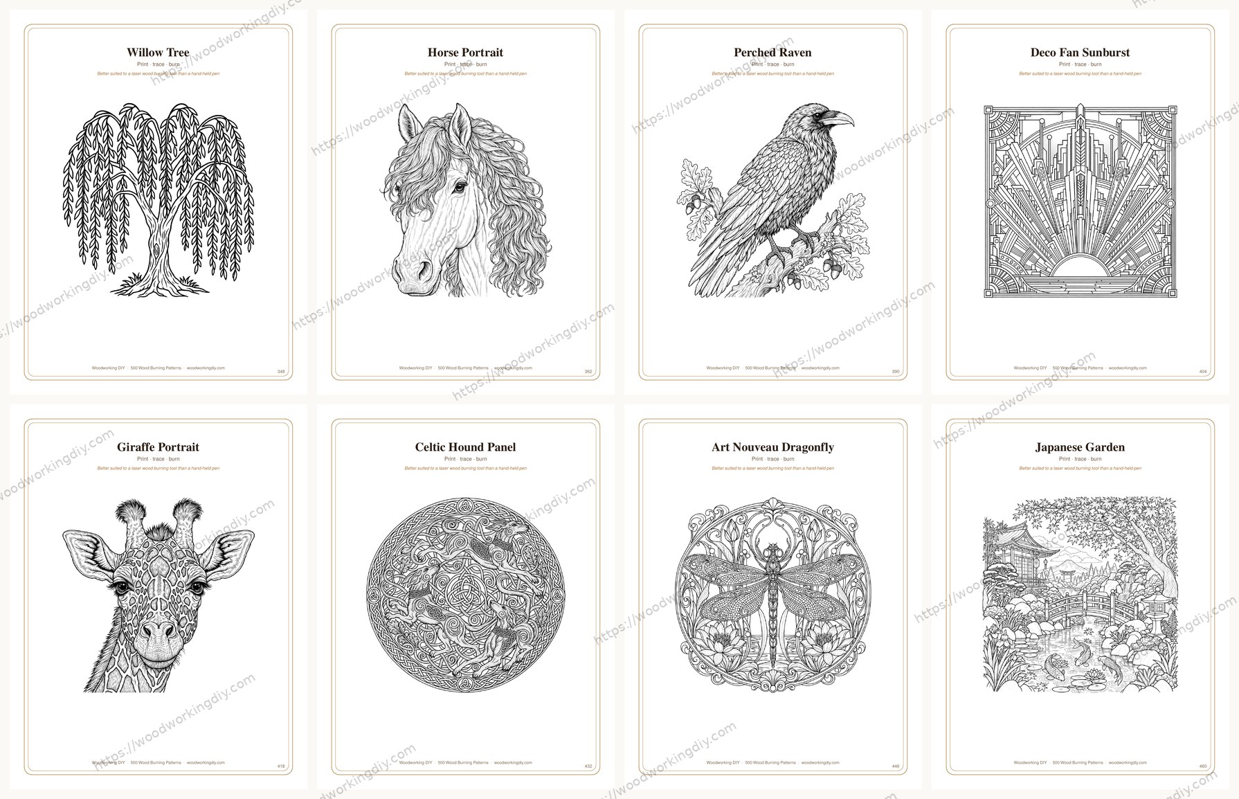 Eight detailed wood burning patterns from the book, including a horse portrait, a perched raven, a giraffe portrait and a Japanese garden scene