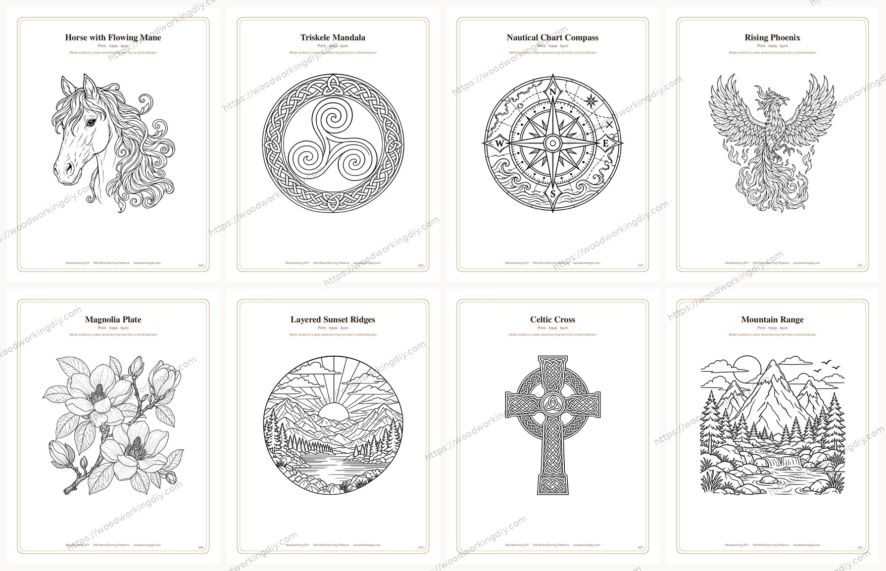 Eight medium difficulty wood burning patterns from the book, including a horse with a flowing mane, a triskele mandala, a nautical compass and a Celtic cross