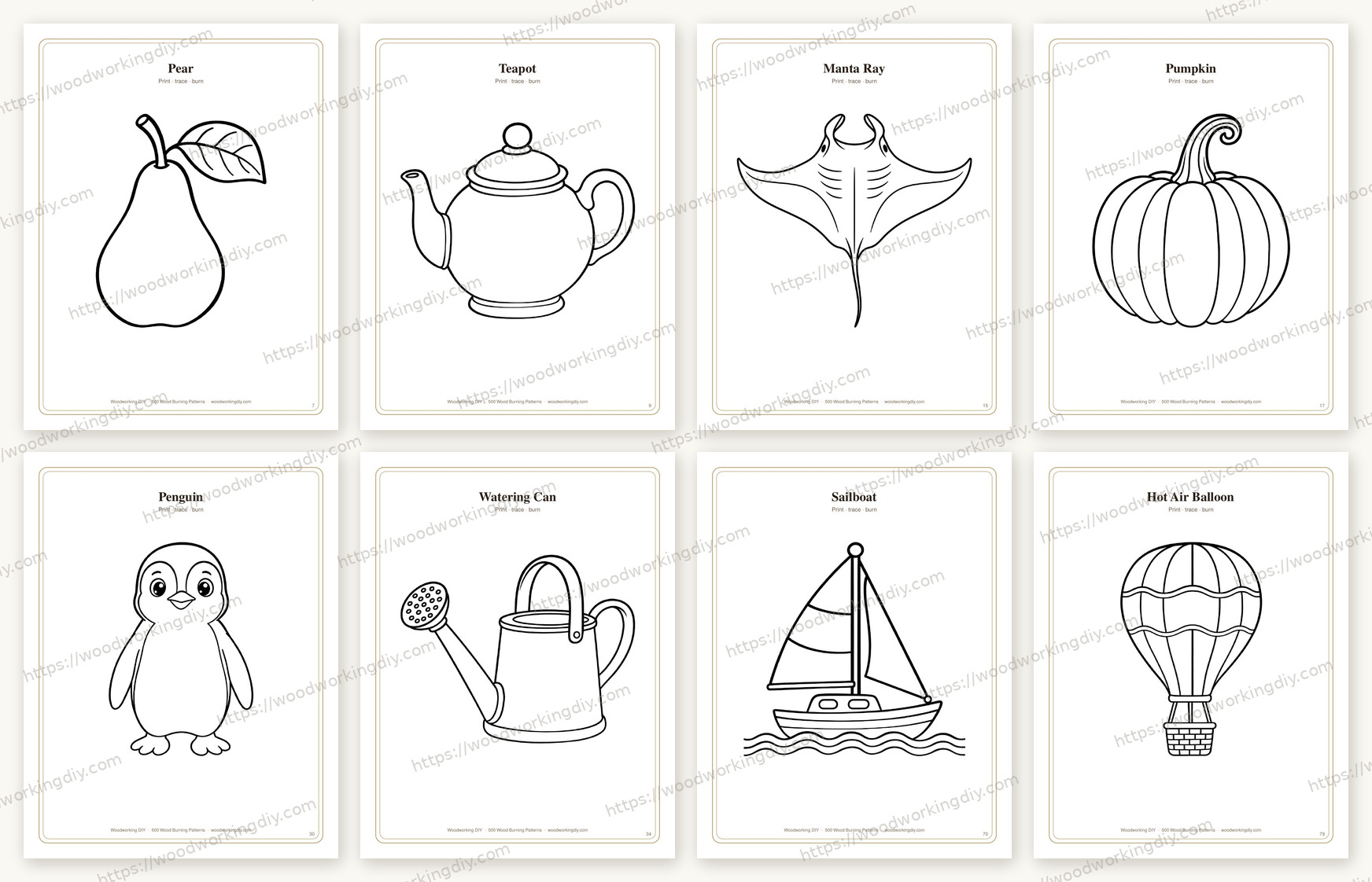 Eight simple wood burning patterns from the book, including a pear, a teapot, a manta ray, a pumpkin, a penguin, a watering can, a sailboat and a hot air balloon