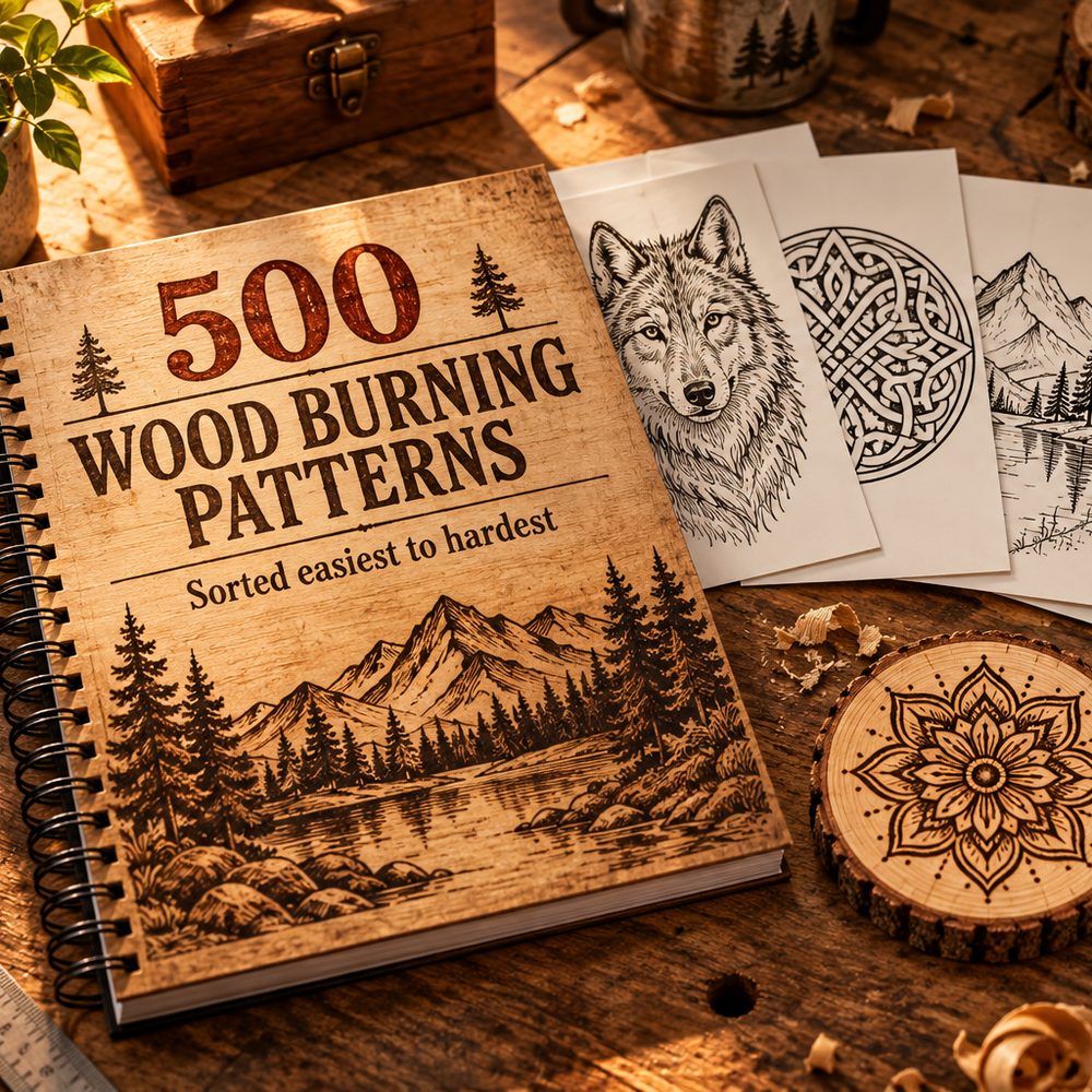 500 Wood Burning Patterns book with printed pyrography pattern sheets and a burned mandala on a basswood round