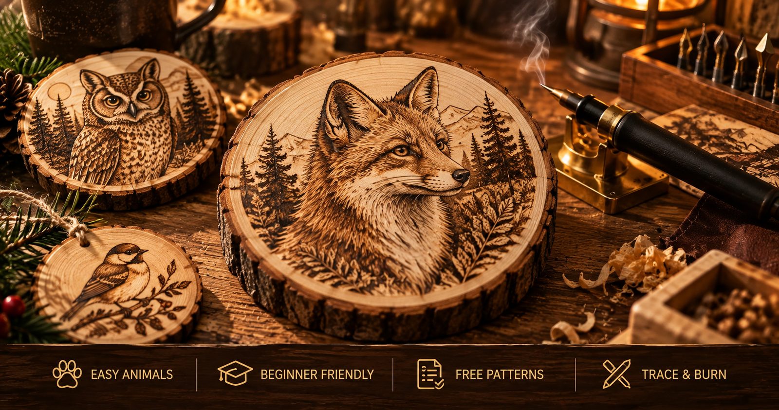 Wood-burned animal designs on basswood slices, including a fox, an owl and a bird, on a rustic workbench with a pyrography pen