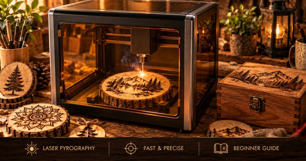 A desktop laser engraver burning a mountain design into a basswood slice, surrounded by finished laser-burned coasters, an ornament and a keepsake box in a warm workshop
