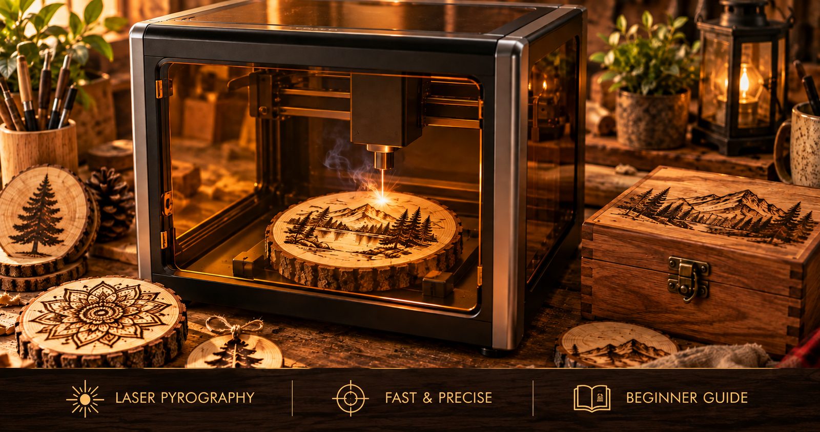 A desktop laser engraver burning a mountain design into a basswood slice, surrounded by finished laser-burned coasters, an ornament and a keepsake box in a warm workshop