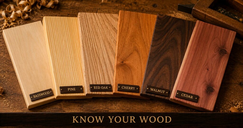 Several wood boards fanned out to show their different natural colors and grain, including pine, basswood, oak, cherry, walnut and cedar