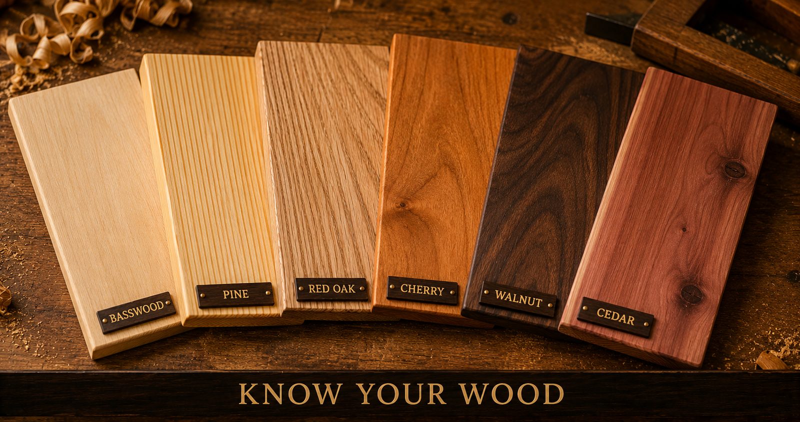 Several wood boards fanned out to show their different natural colors and grain, including pine, basswood, oak, cherry, walnut and cedar