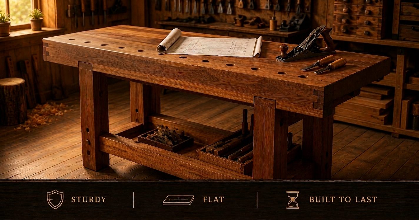 A sturdy handmade wooden workbench with a front vise and dog holes in a warm rustic workshop