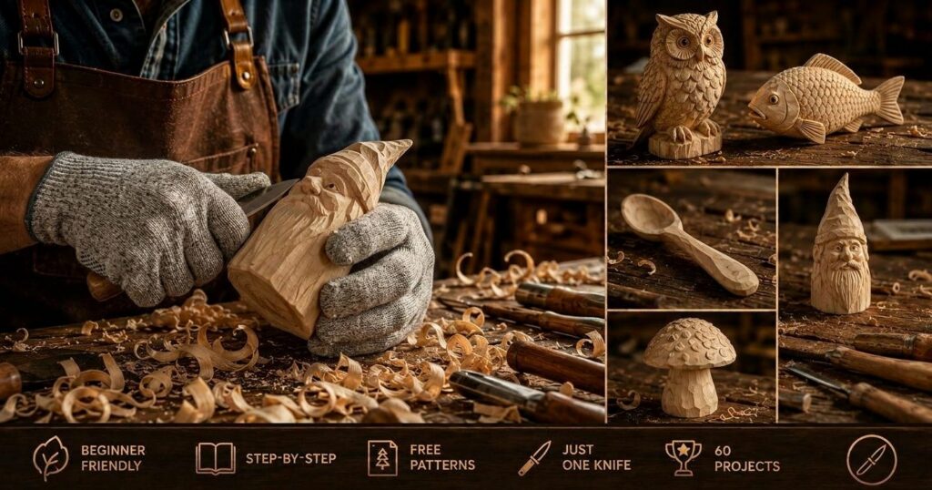 A gloved woodworker carving a wooden gnome with a knife, surrounded by finished beginner carvings including an owl, a fish, a spoon, a mushroom and a wood spirit