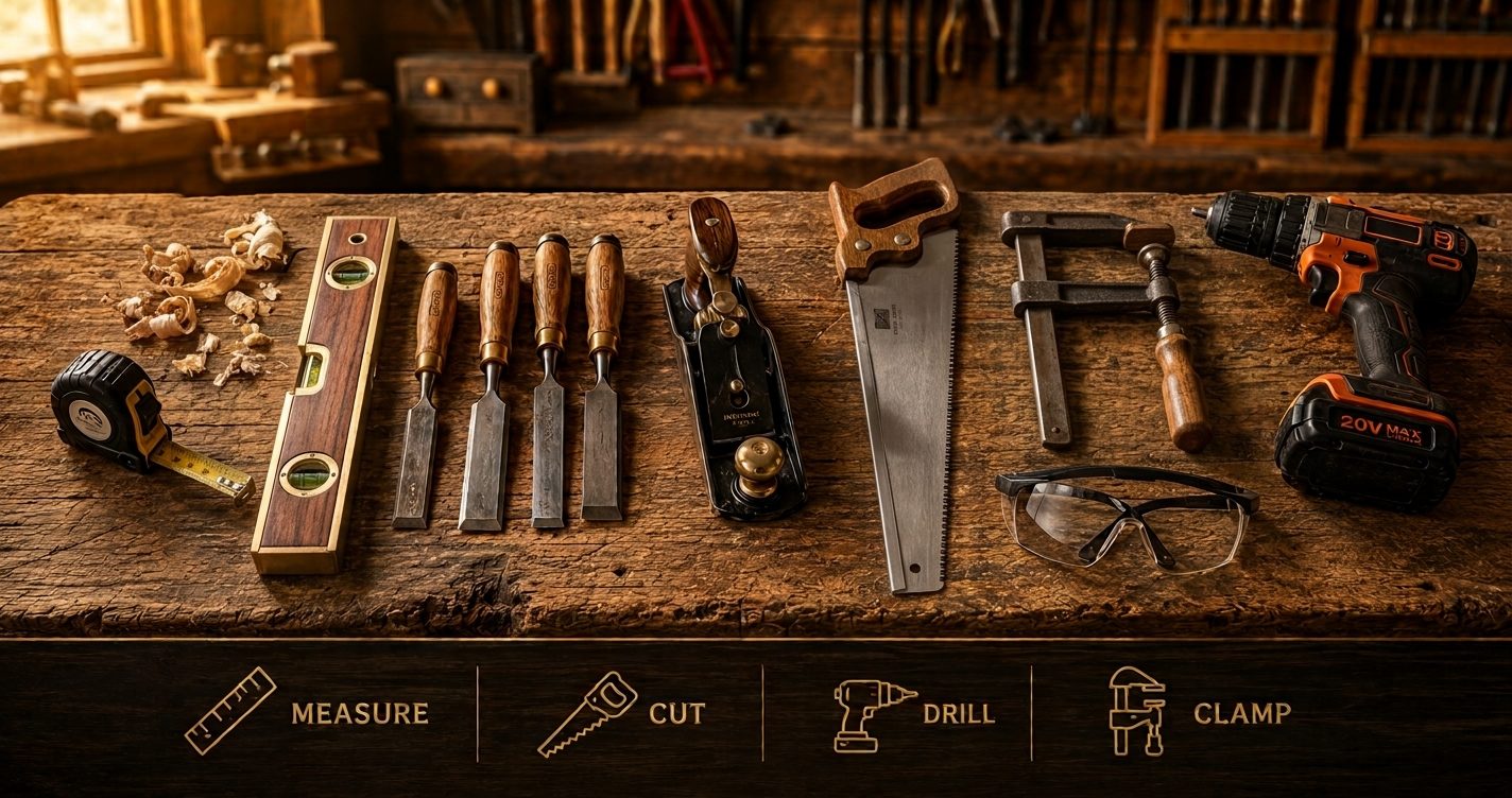 A flat-lay of essential beginner woodworking tools on a workbench, including a tape measure, square, chisels, a block plane, a hand saw, clamps, a cordless drill and safety glasses
