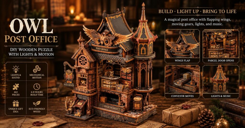 The FUNPOLA Owl Post Office, an intricate wooden mechanical model of an owl-themed post office building with lights, moving gears and music