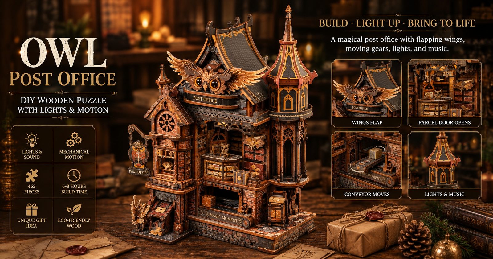 The FUNPOLA Owl Post Office, an intricate wooden mechanical model of an owl-themed post office building with lights, moving gears and music