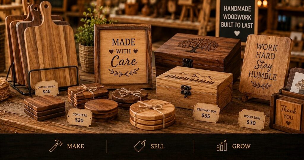 A craft-fair style display of handmade wooden products, including cutting boards, coasters, small signs and boxes with price tags