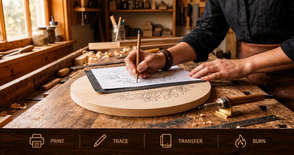 Tracing a pattern onto a round basswood board using graphite transfer paper and a pencil on a workbench