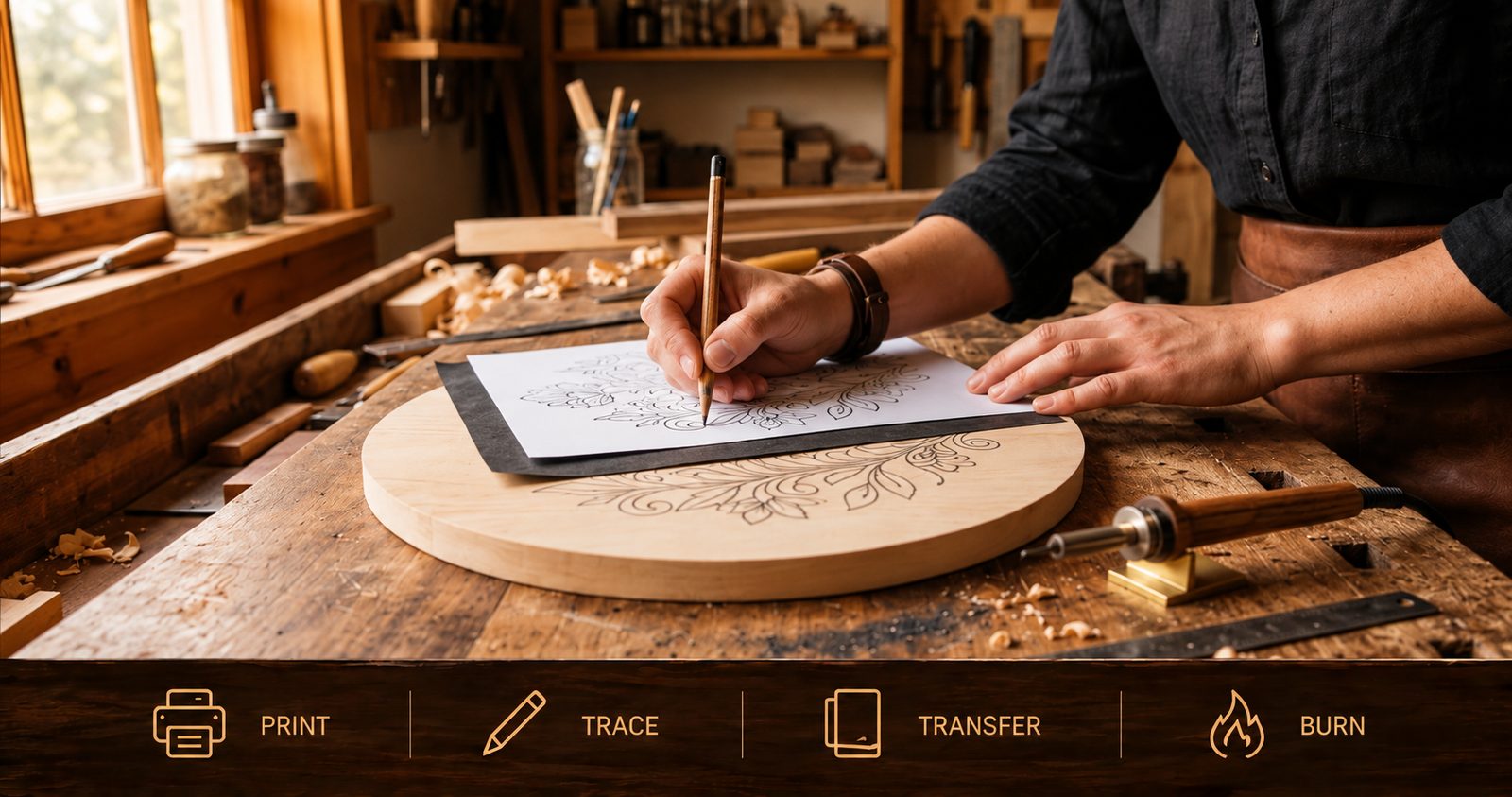Tracing a pattern onto a round basswood board using graphite transfer paper and a pencil on a workbench