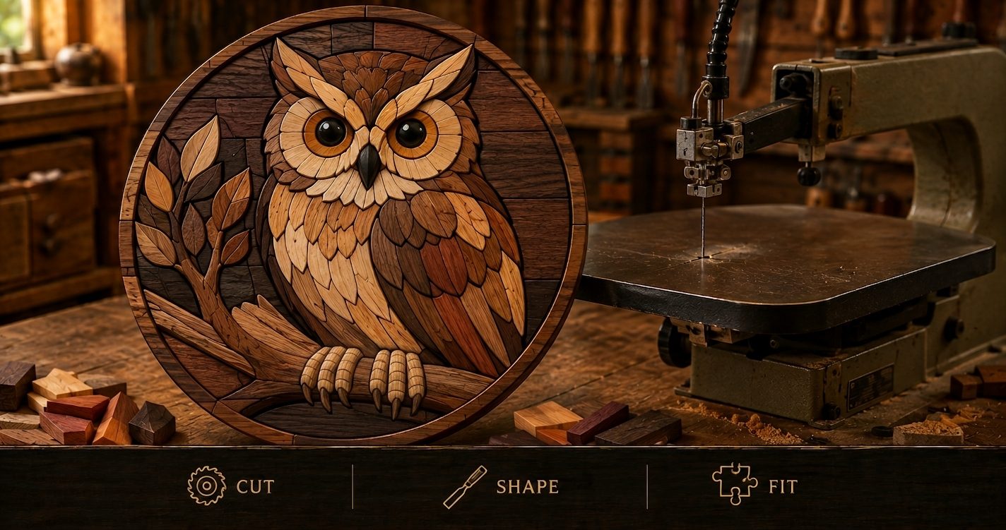 A finished intarsia owl made from many contrasting natural wood tones on a workbench beside a scroll saw and wood offcuts