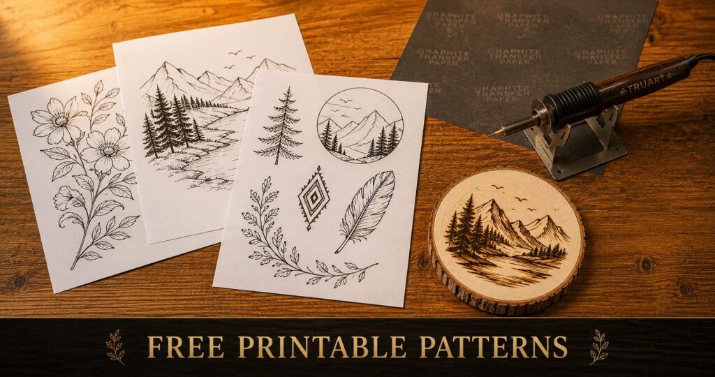 Printed wood burning pattern sheets with transfer paper, a wood burning pen, and a finished burned coaster on a workbench