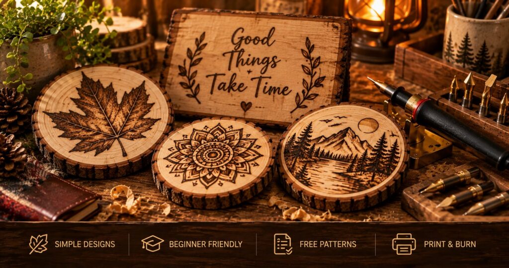 Simple wood-burned coasters and a sign on basswood, showing a leaf, a mandala and a mountain scene, with a pyrography pen and tips