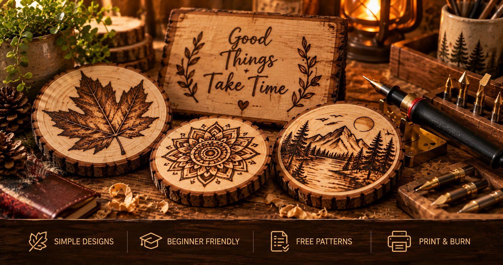 Simple wood-burned coasters and a sign on basswood, showing a leaf, a mandala and a mountain scene, with a pyrography pen and tips