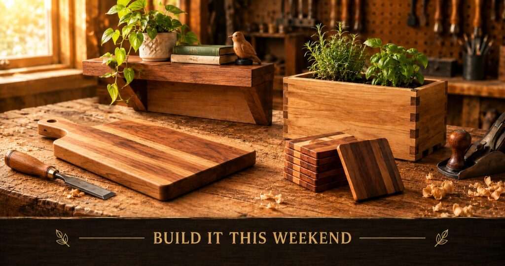 Several finished simple weekend woodworking projects on a workbench, including a cutting board, a small shelf, a planter box and coasters