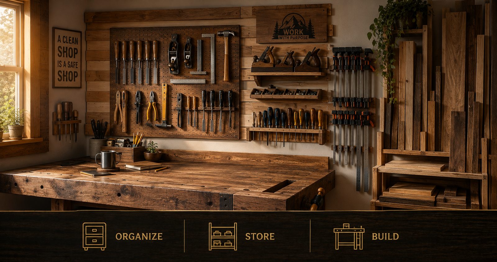A tidy small woodworking workshop with a french cleat and pegboard tool wall, a workbench, and organized tools in warm light
