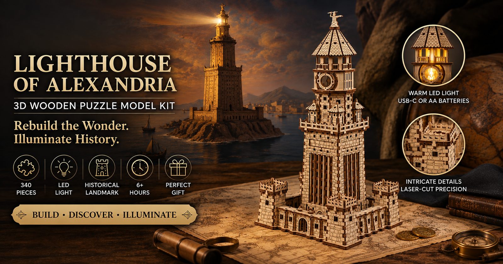 The UGEARS Lighthouse of Alexandria 3D wooden puzzle, a glowing tiered wooden lighthouse model with a warm LED night light