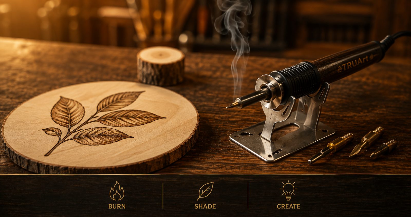 A wood burning pen resting beside a finished pyrography piece on pale basswood, with brass tips, in a warm workshop