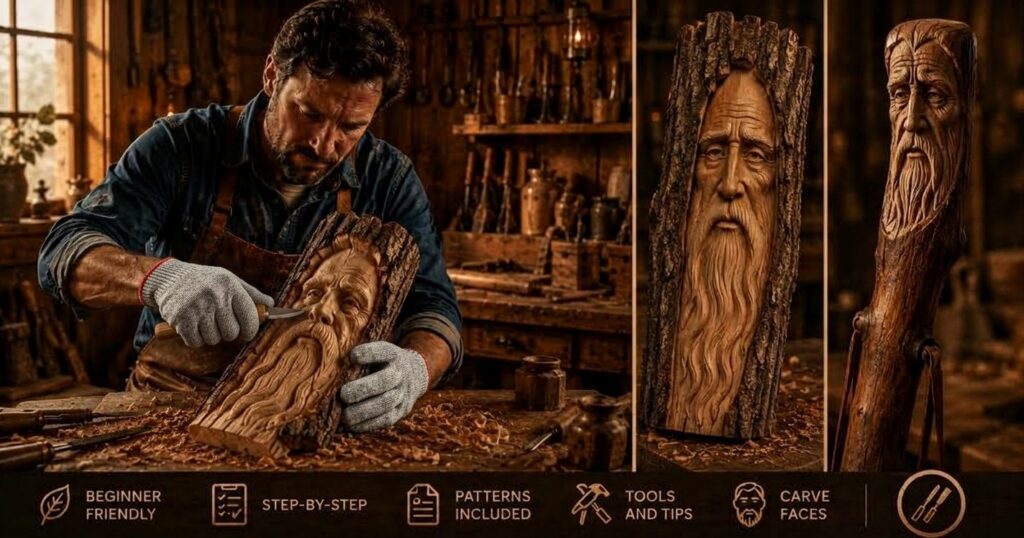 A gloved woodworker carving a bearded wood spirit face into a piece of bark, with two finished wood spirit carvings displayed beside it