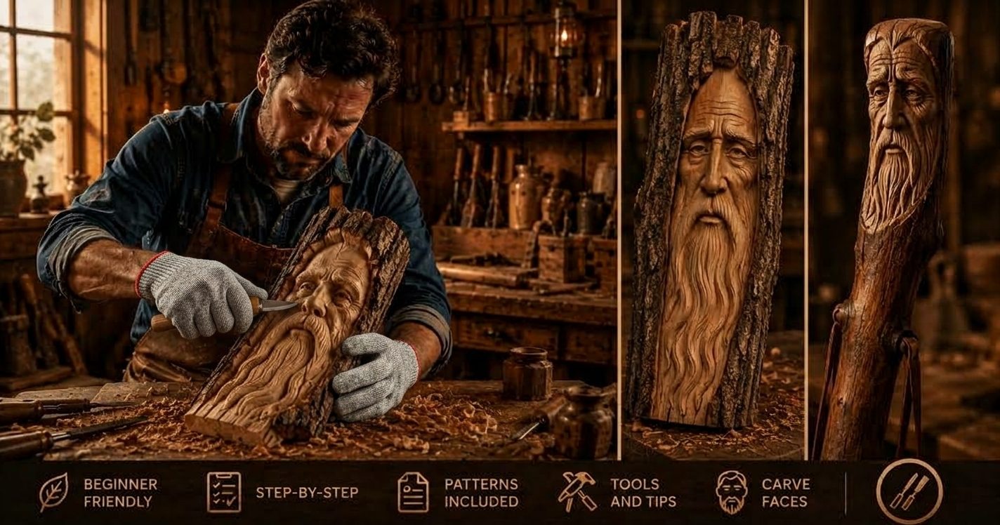 A gloved woodworker carving a bearded wood spirit face into a piece of bark, with two finished wood spirit carvings displayed beside it