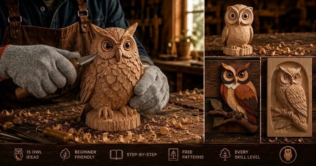 A gloved woodworker carving a wooden owl with a knife, alongside other owl carvings including a whittled owl, an intarsia owl and a relief owl panel