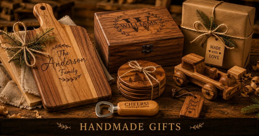 An assortment of handmade wooden gifts on a workbench, including a personalized cutting board, a keepsake box, coasters and a toy, some tied with twine