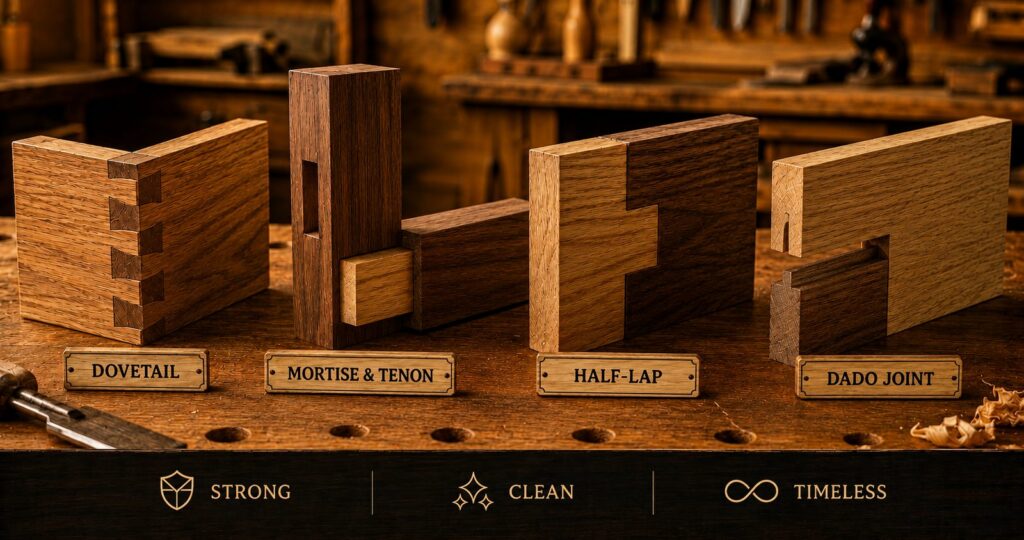A display of classic woodworking joints on a workbench, including a dovetail, mortise and tenon, half-lap and dado joint
