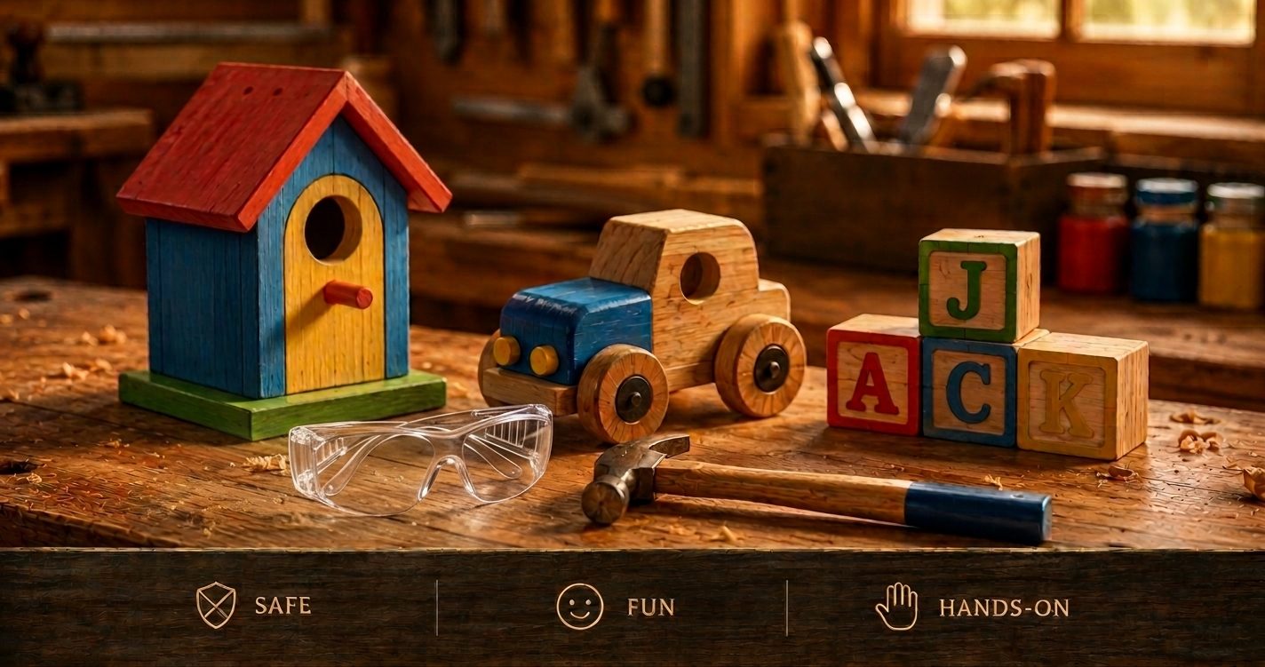 Finished kid-friendly wooden projects on a bright workbench, including a painted birdhouse, a toy car and name blocks, with child-sized safety glasses