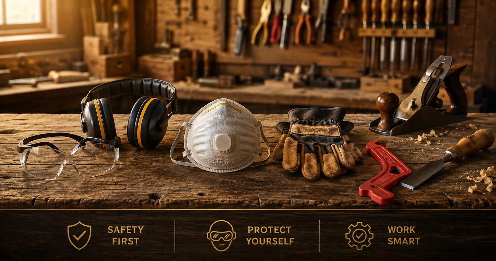 Woodworking safety gear laid out on a workbench: safety glasses, ear protection, a dust respirator, work gloves, and a red push stick, with a chisel and hand plane nearby